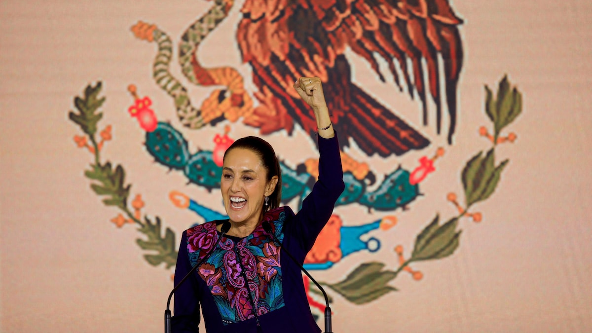 Claudia Sheinbaum est devant un drapeau du Mexique, un poing en l'air.