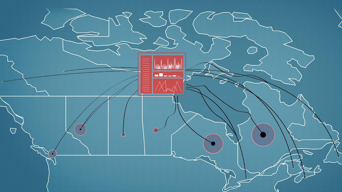 Une carte du Canada avec un site web au centre qui rassemble les données provinciales.
