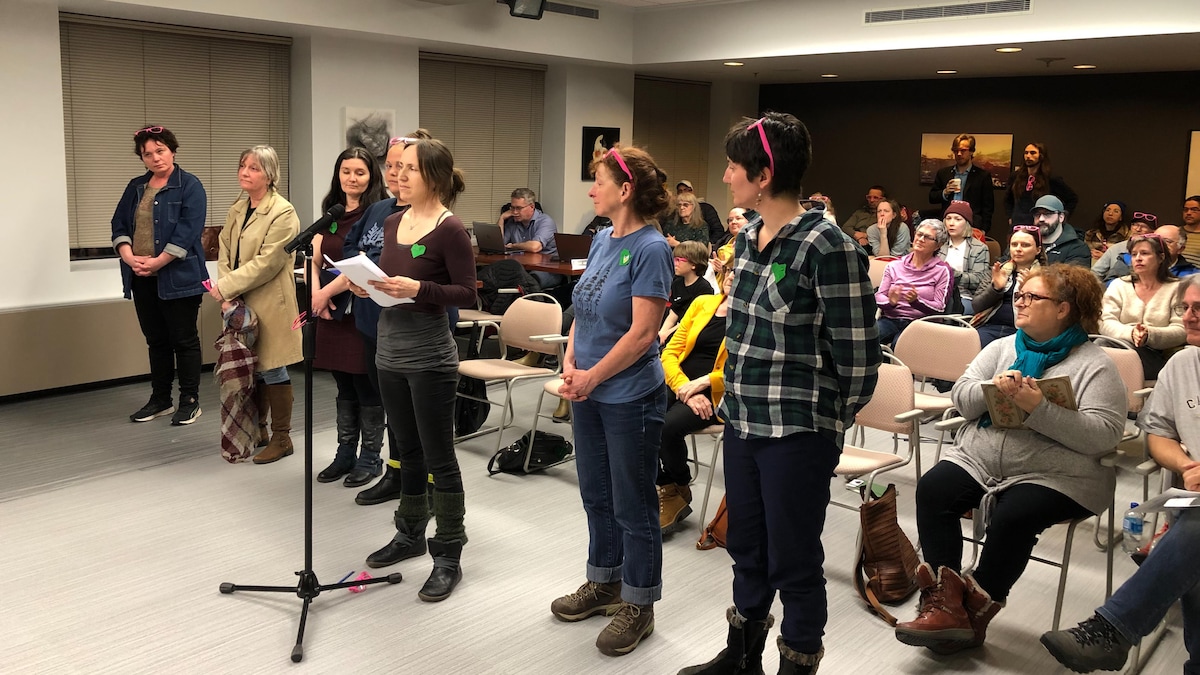 Une vingtaine de personnes assistent à la séance du conseil municipal. Cinq personnes se tiennent debout devant les membres du conseil et l'une d'elles parle au micro.