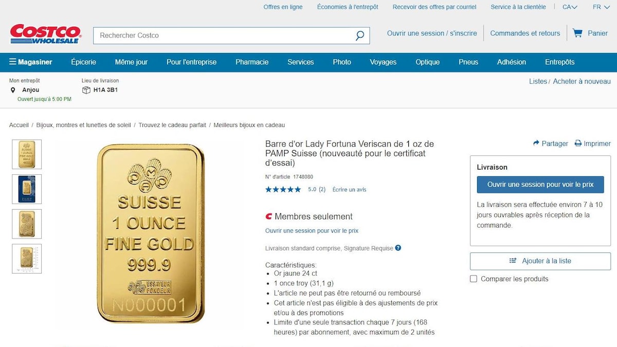Page web du site de Costco qui vend des barres d'or.
