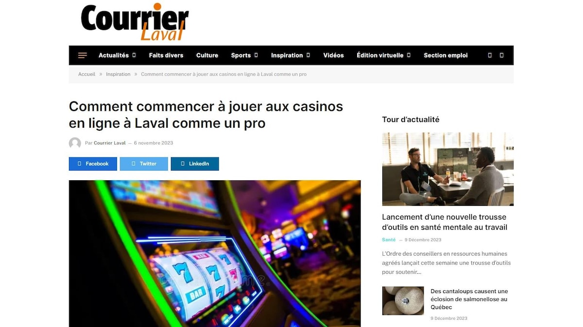 Capture d'écran du site web du Courrier Laval. Le titre de l'article est "Comment commencer à jouer aux casinos en ligne à Laval comme un pro". La photo de l'article est une machine à sous.