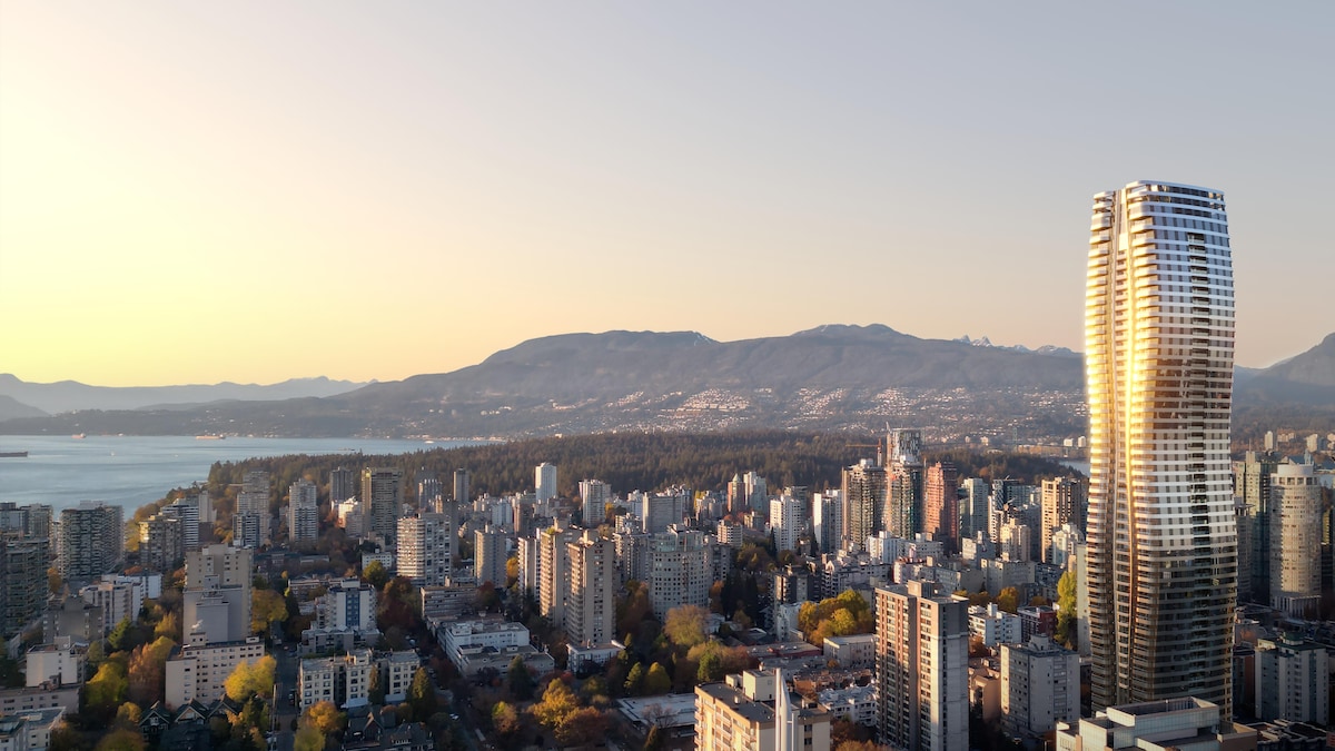 La modélisation montre la tour CURV avec une vue aérienne de Vancouver. 