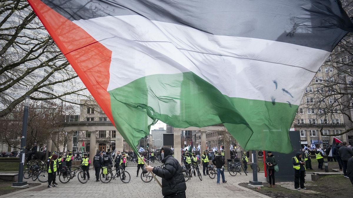 Un manifestant agite un drapeau palestinien devant des policiers.