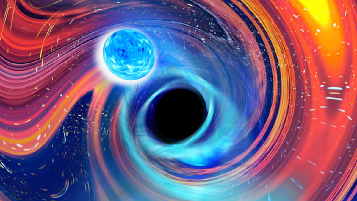 Représentation artistique de la fusion d’une étoile à neutrons et d’un trou noir.