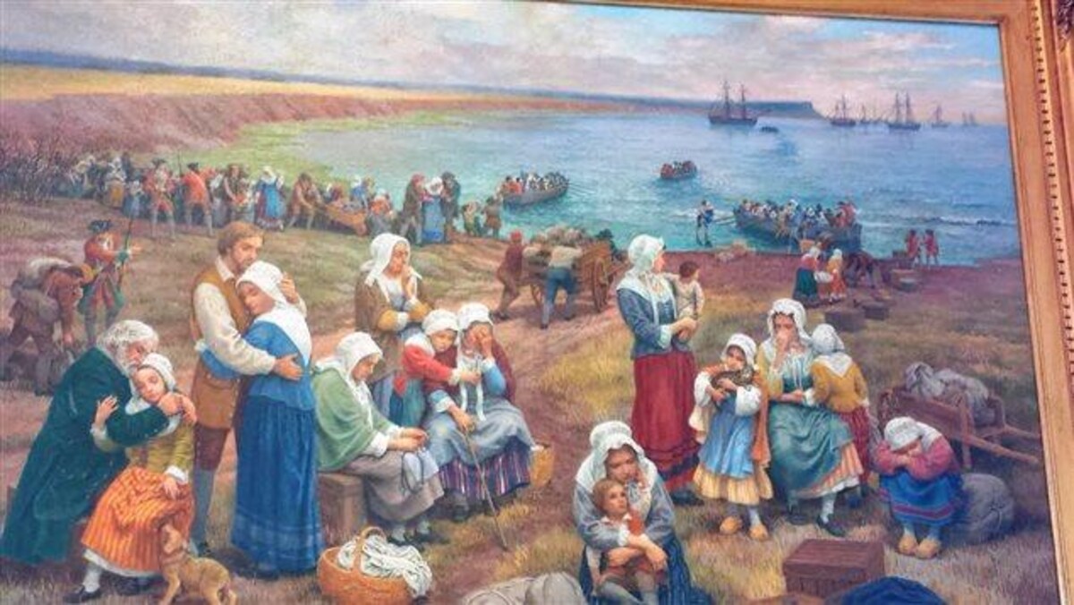 L'oeuvre du peintre Claude Picard, montrant des Acadiens attendant les bateaux.