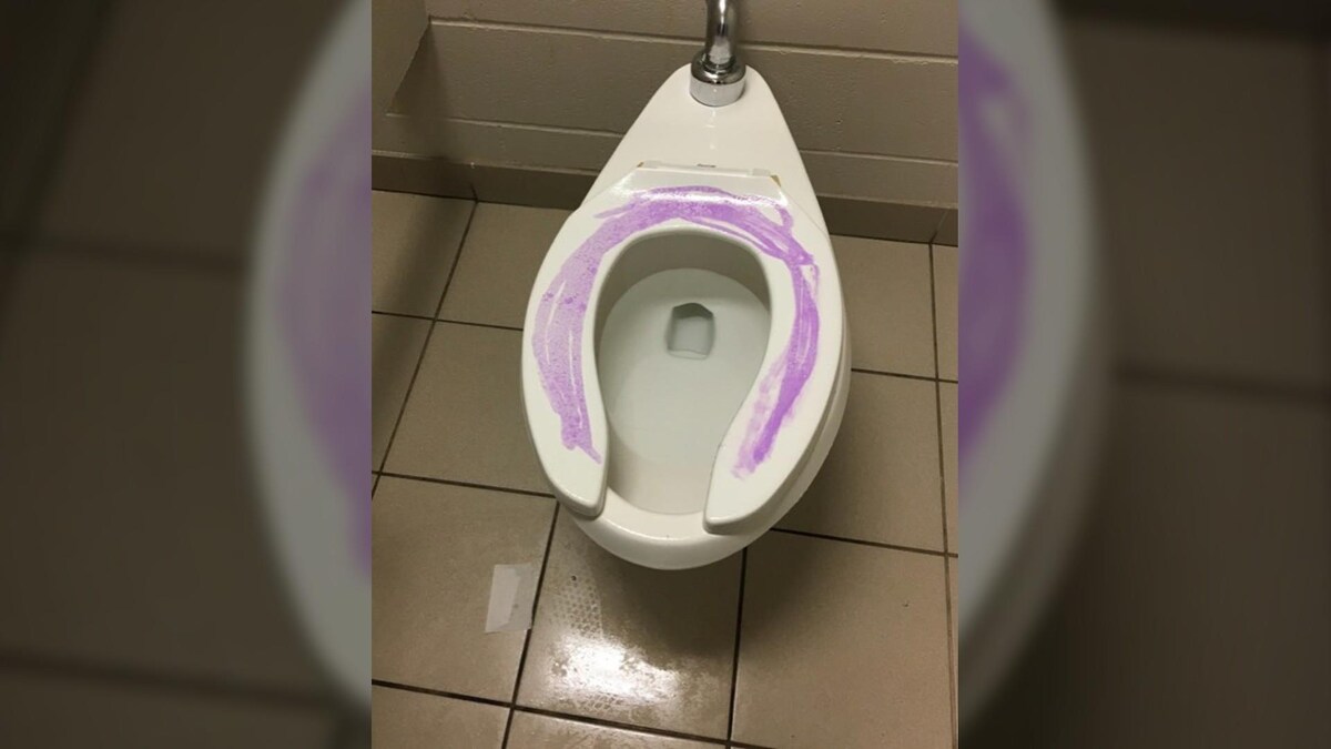 Un bol de toilette recouvert d'une substance mauve qui ressemble à de la colle.