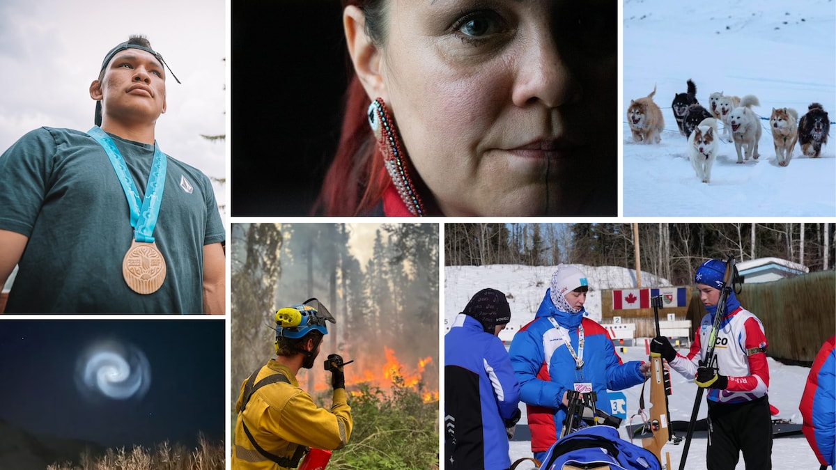Photomontage de différents sujets d'actualités, les feux des Territoires du Nord-Ouest, un lutteur, une spirale dans le ciel, les Jeux de l'Arctique.