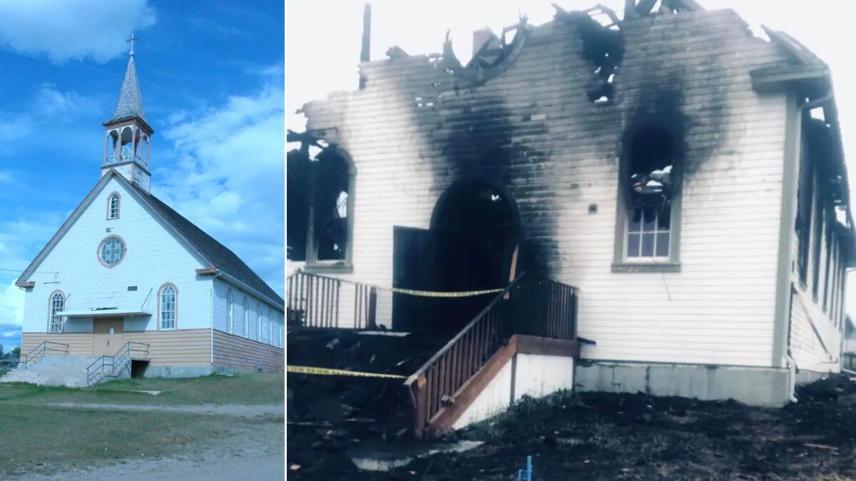 Montage de photos avant et après l'incendie de l'église St. Bernard à Grouard.