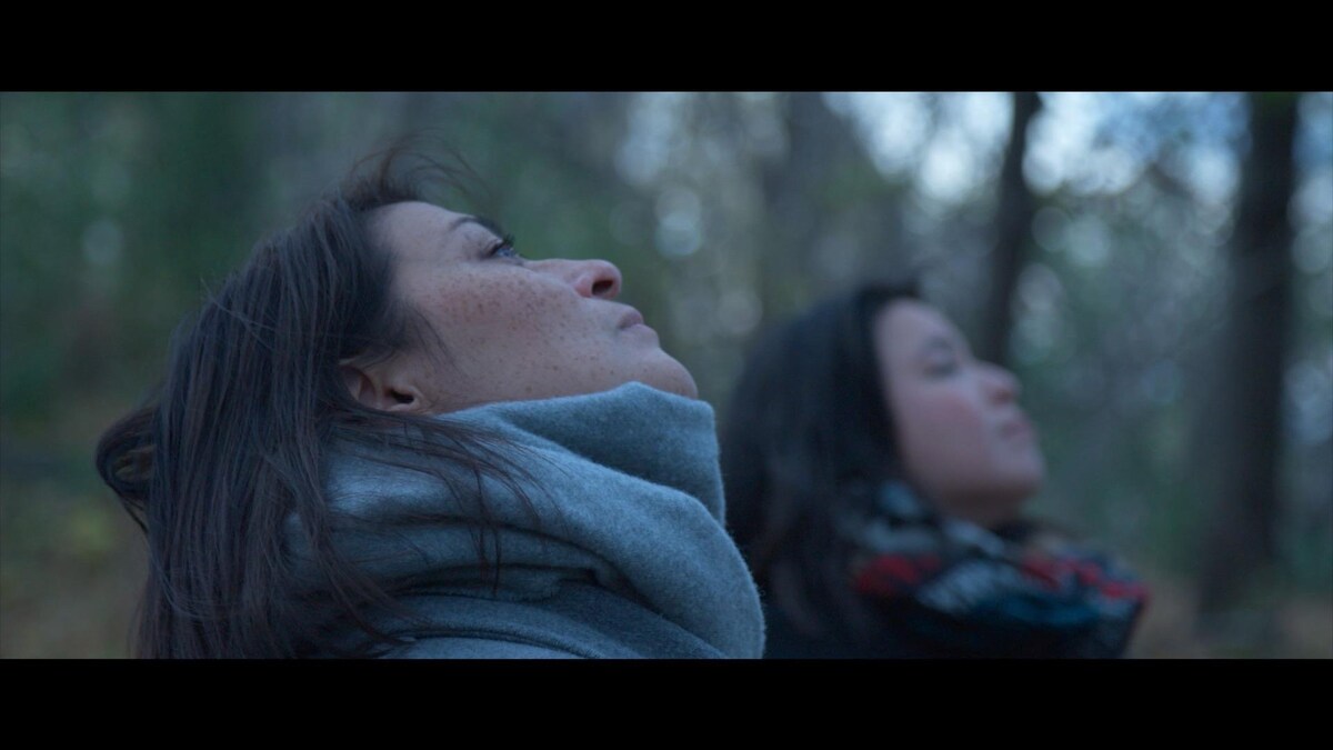 Deux femmes regardent vers le ciel dans une forêt. 