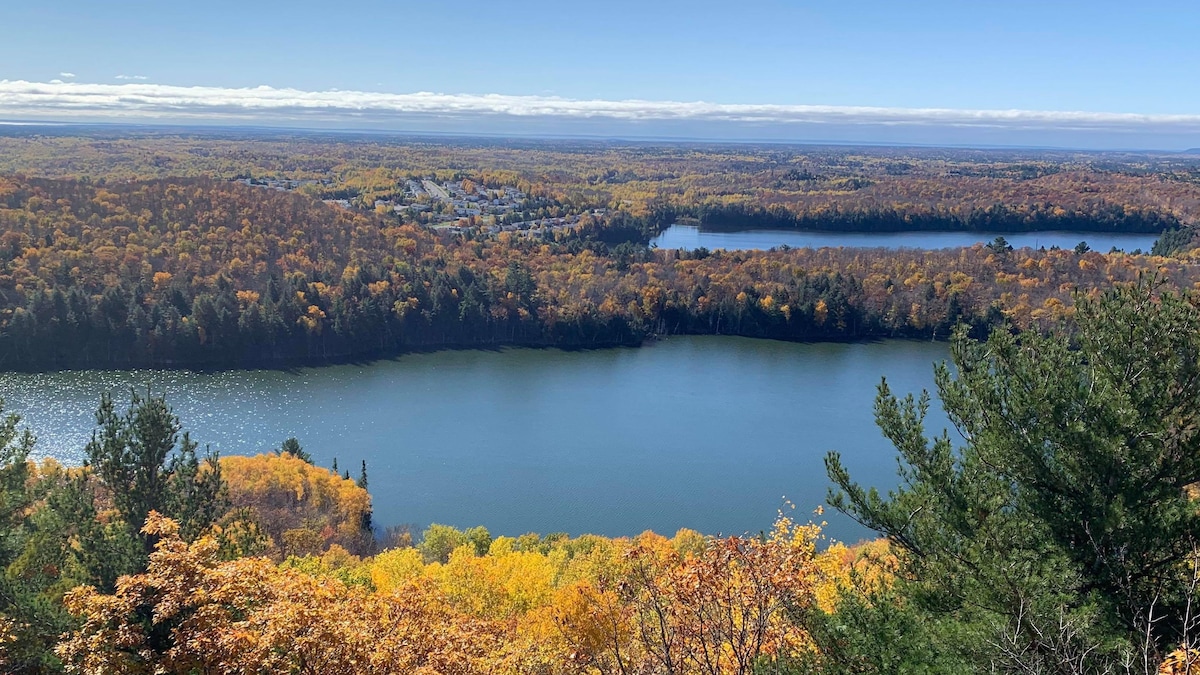 Vue panoramique de lacs et de forêts aux couleurs d'automne.