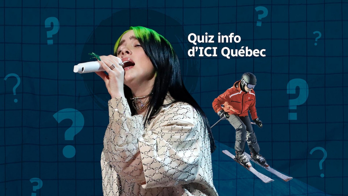 Billie Eillish, et un skieur sur fond bleu avec de gros points d'interrogations avec Quiz info d'ICI Québec inscrit en titre. 
