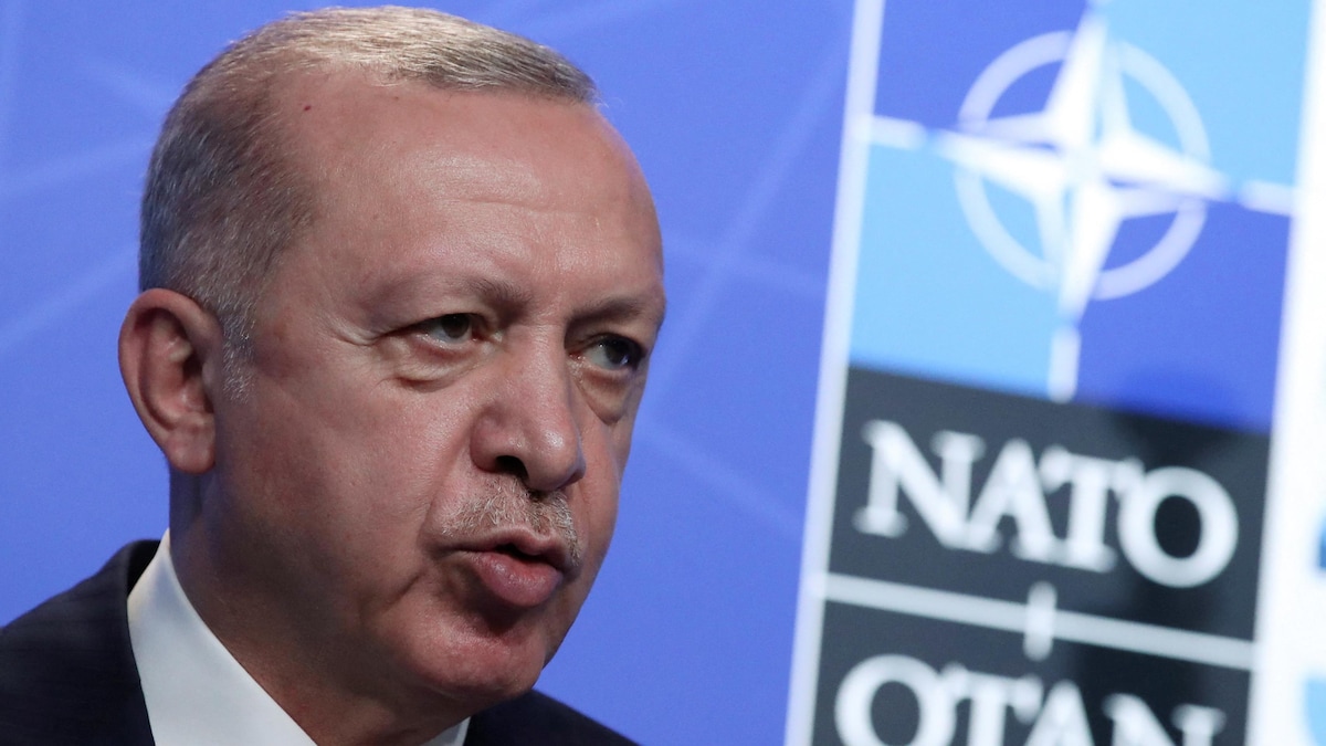 Recep Tayyip Erdogan devant le logo de l'OTAN.