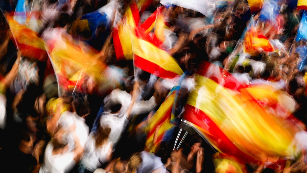 Des partisans du Parti populaire espagnol (opposition) agitent des drapeaux devant le siège du parti, le jour des élections générales, à Madrid, le 23 juillet. 