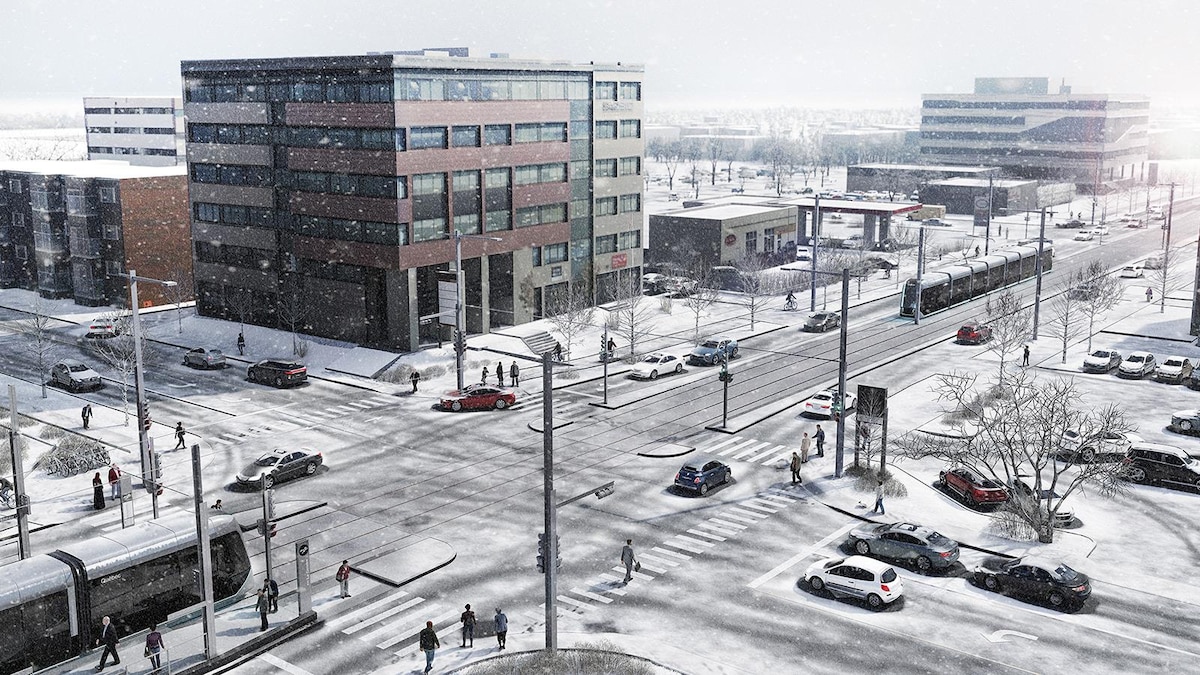 Esquisse montrant le tramway circuler en hiver sur le chemin des Quatre-Bourgeois, à la hauteur de l’avenue Duchesneau, dans le secteur Sainte-Foy.