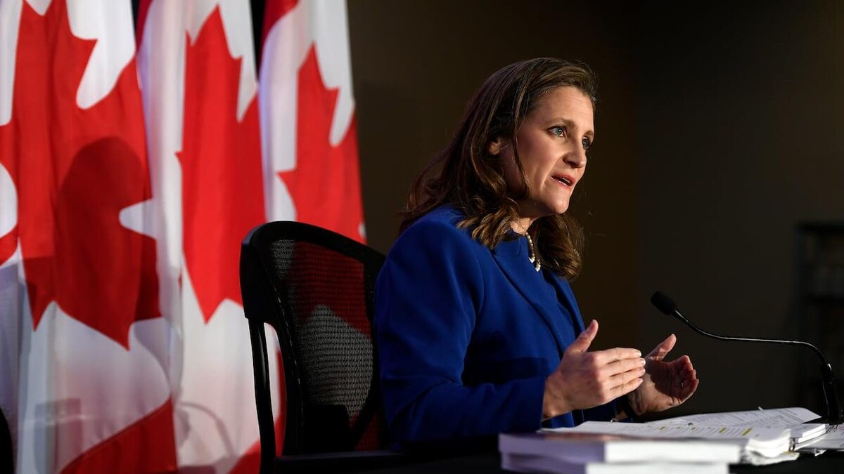 Deputy Prime Minister and Minister of Finance Chrystia Freeland speaks at a news conference in the media lockup, ahead of the tabling of the federal budget, in Ottawa, on Thursday, April 7, 2022.