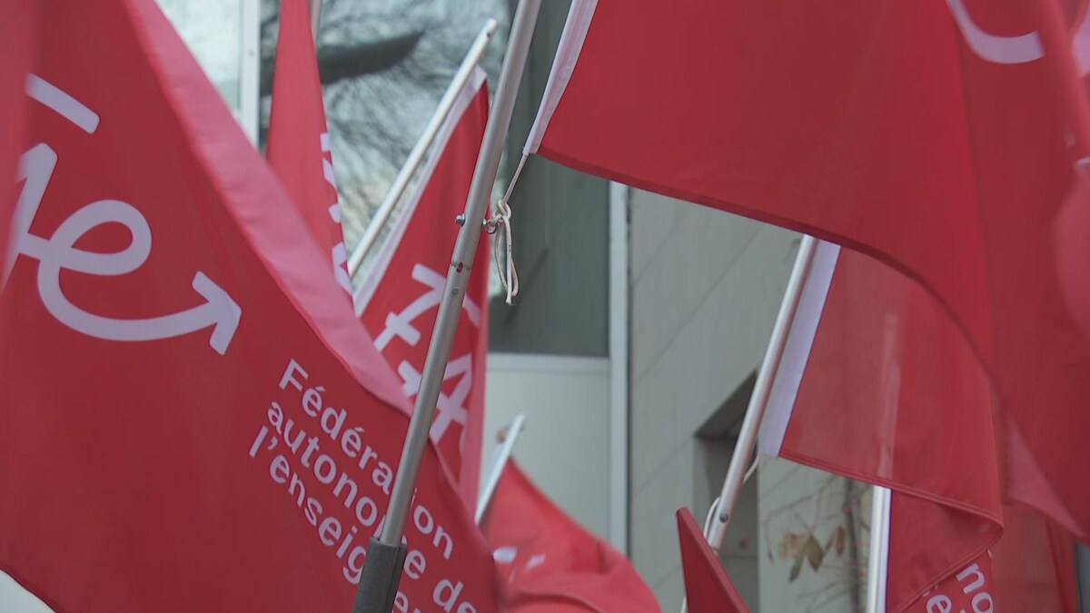 Des drapeaux rouges de la Fédération autonome de l'enseignement.