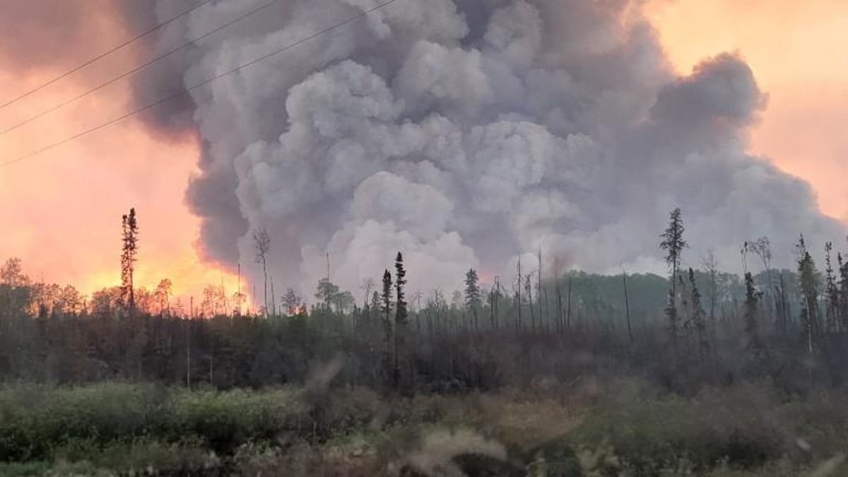 La fumée s'élevant du feu de forêt McCafe, près de Stanley Mission, en Saskatchewan, au début du mois de juin 2022.