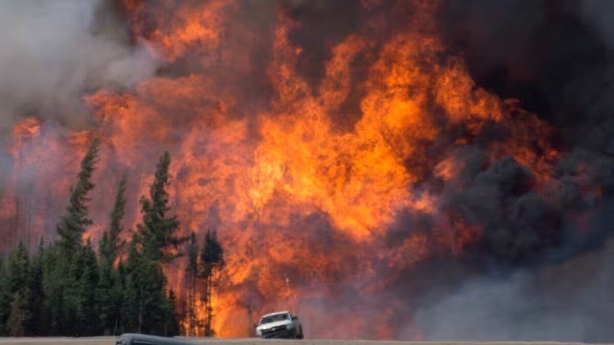 Un violent feu de forêt s'èlève dans le ciel de Fort McMurray, en 2016.