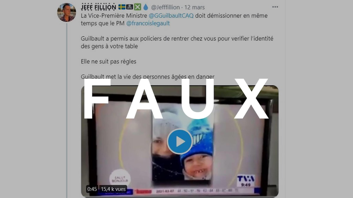 Capture d'écran d'un tweet récent de l'animateur de radio Jeff Fillion où il affirme que la Vice-première ministre Geneviève Guilbault "ne suit pas les règles" liées à la crise sanitaire. L'inscription "faux" a été apposée sur le tweet.