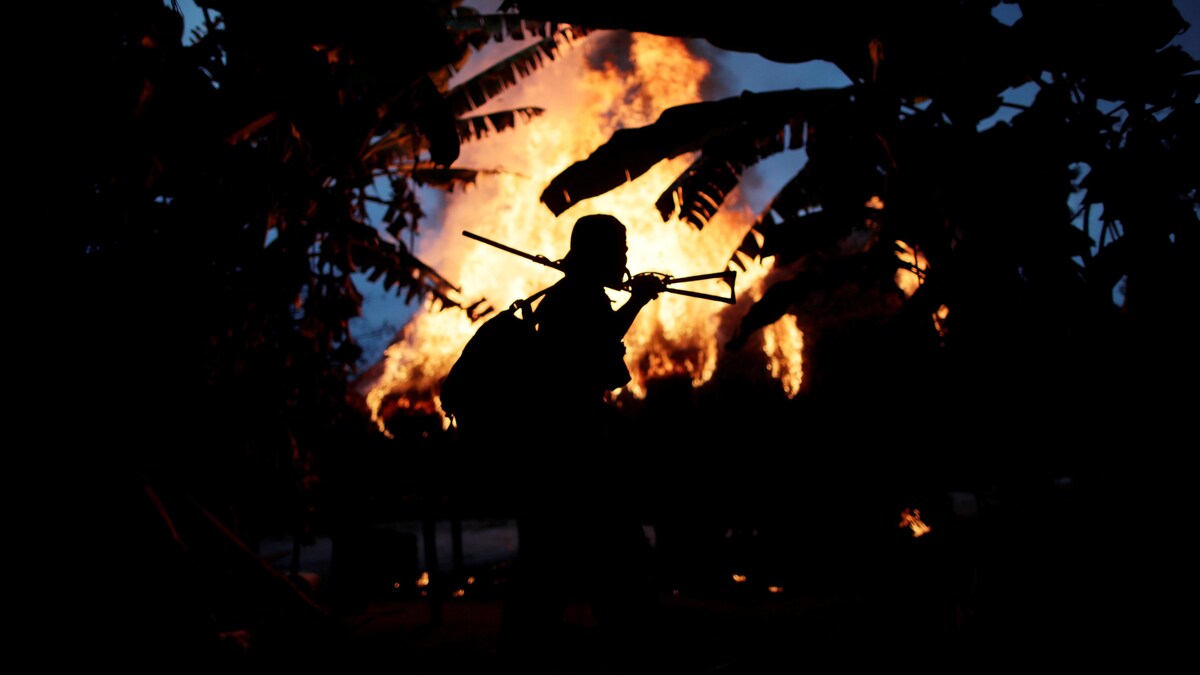 La silhouette d'un homme devant un feu de camp en pleine forêt amazonienne.