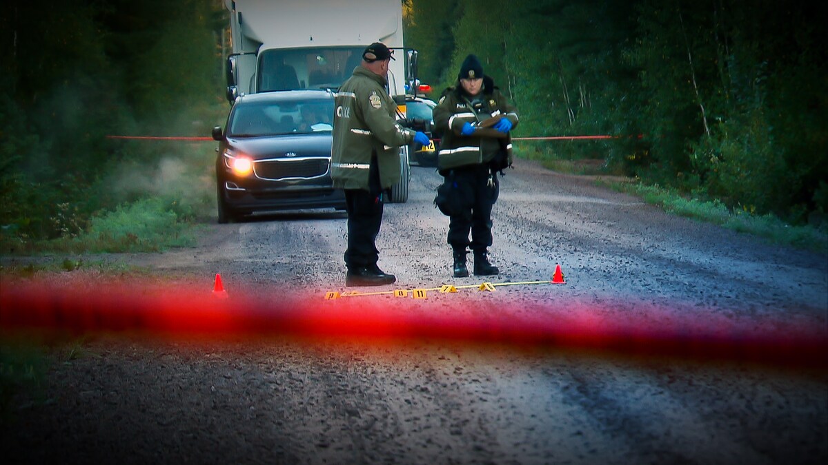 Des policiers dans un chemin entouré d'arbres.