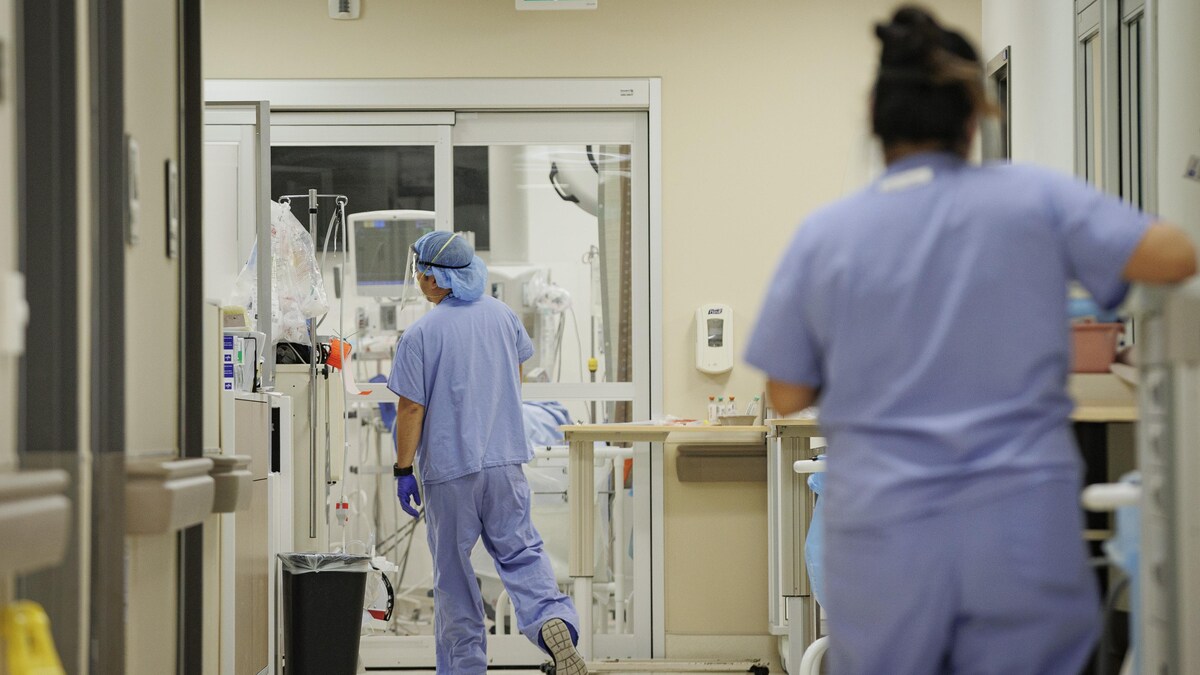 Des infirmiers s'affairent dans un couloir de la salle d'urgence de l'Hôpital Humber River.