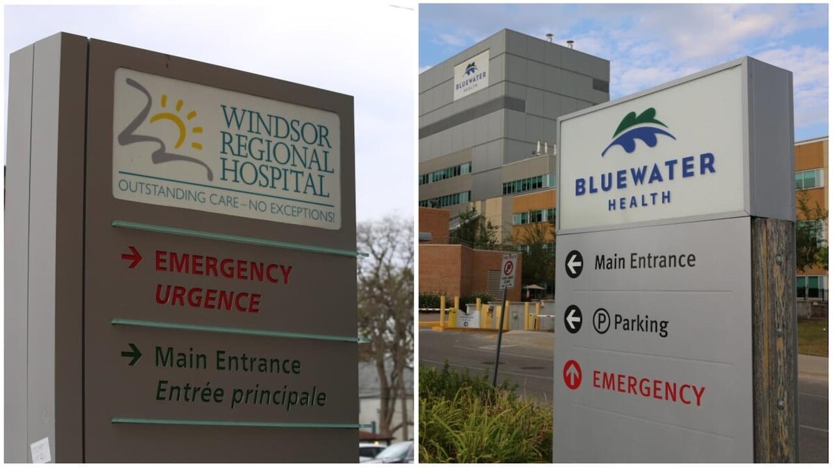 Les panneaux des l'hôpital régional de Windsor et de Bluewater Health.