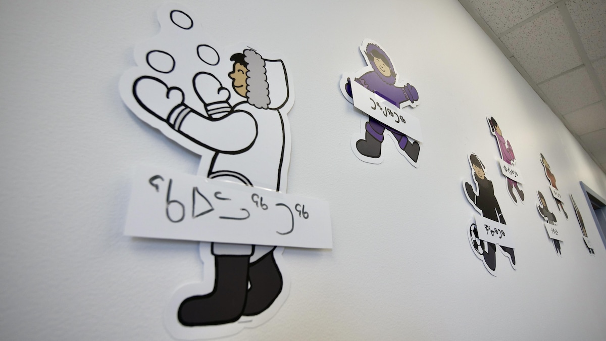 Des personnages sont collés sur un mur avec une inscription en inuktut.