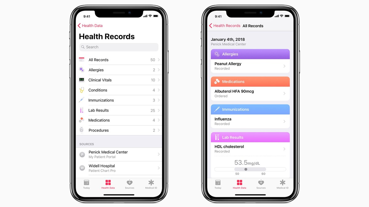 Photo montrant deux iPhone X affichant des menus de l'application Health Records, qui sert à consulter son dossier médical en ligne.