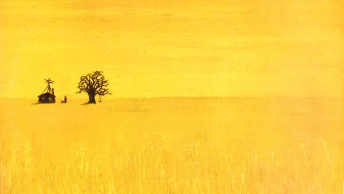 Dessin montrant une ferme et un arbre à l'horizon, entre un ciel et une terre complètement jaunes.