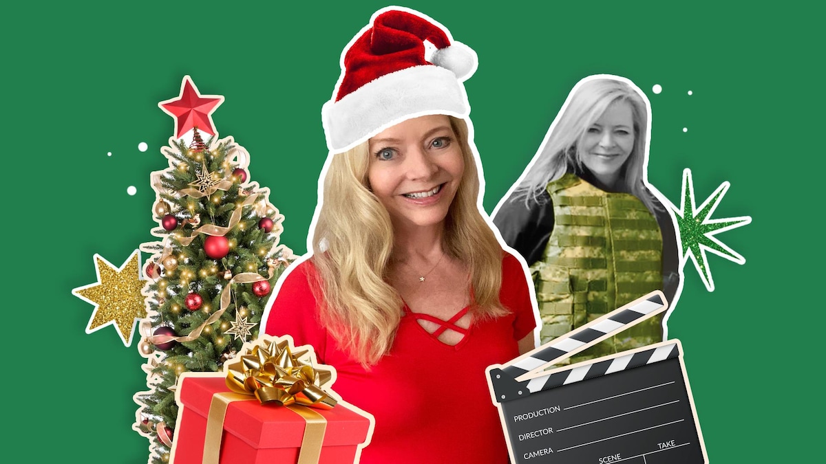 Un collage d'images présentant Karen Schaler, coiffée d'une tuque de Noël, entourée d'une autre femme, vêtue d'un gilet pare-balles, d'un sapin, d'un cadeau et d'un clap de cinéma.
