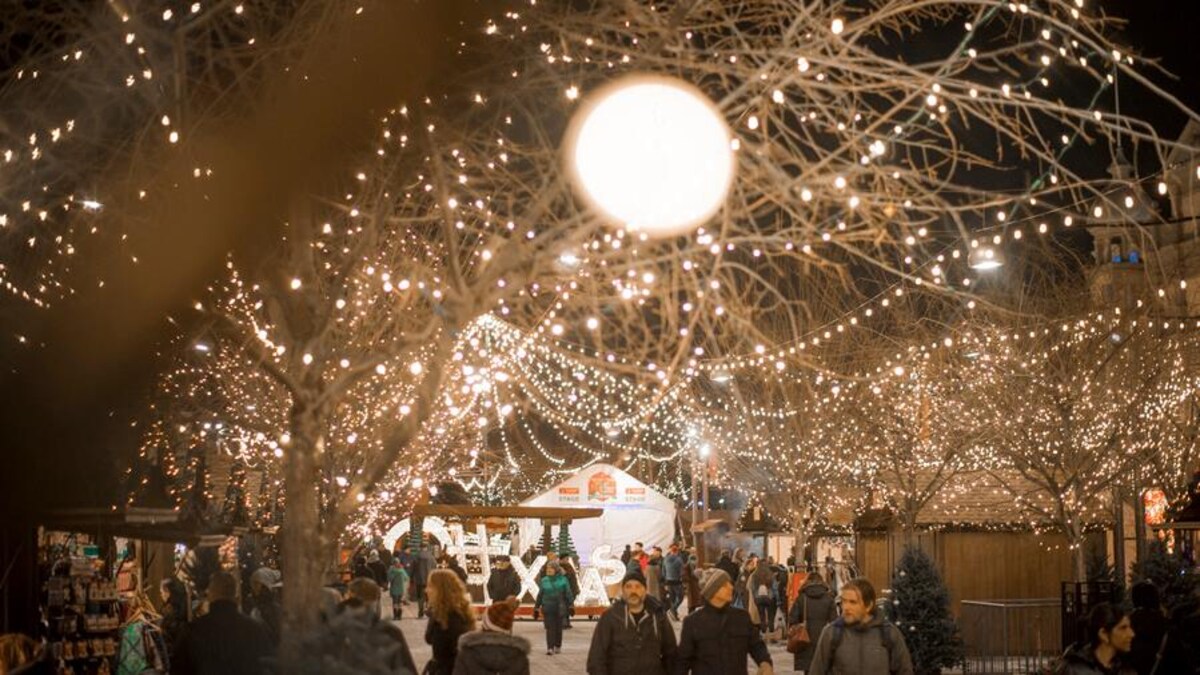 Un arbre illuminé trône au-dessus d'une rue piétonnière où des gens vêtus de manteaux circulent.