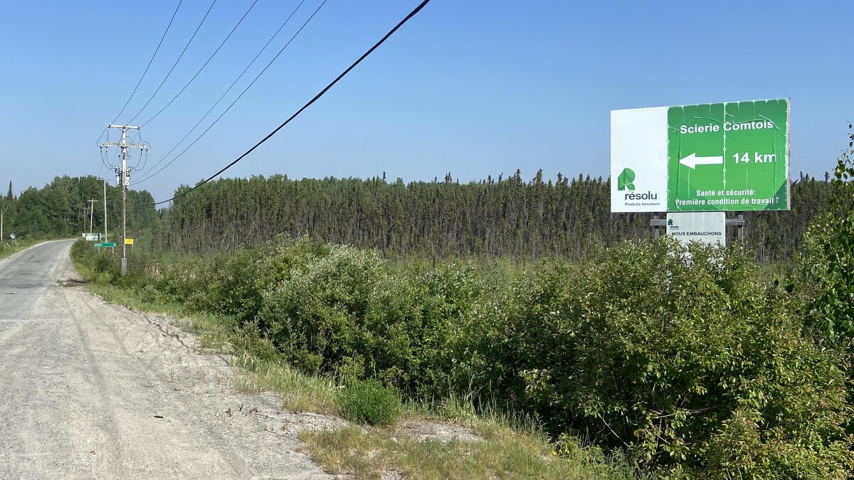 L'entrée d'un chemin forestier en asphalte, avec une affiche indiquant que la scierie Comtois se trouve à 14 km.