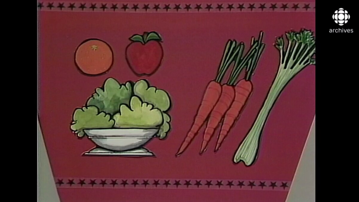 Illustration montrant une orange, une pomme, de la laitue, des carottes et un céleri. 