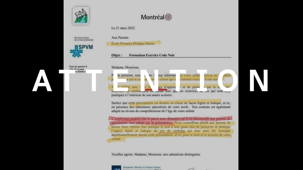 Une photo d'une lettre au sujet de la « formation exercice code noir » envoyée aux parents de l'école primaire Philippe-Morin. Le mot "attention" est superposé sur l'image.