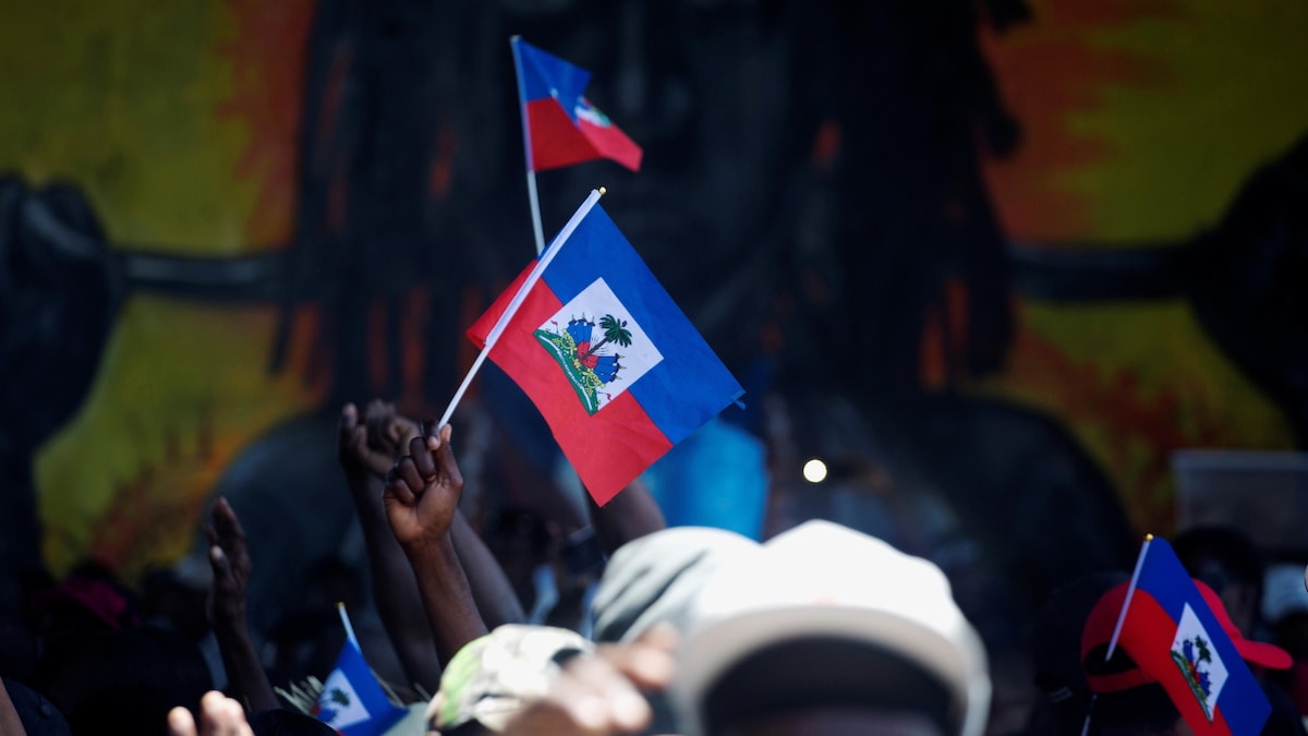 Des drapeaux haïtiens dans une manifestation.