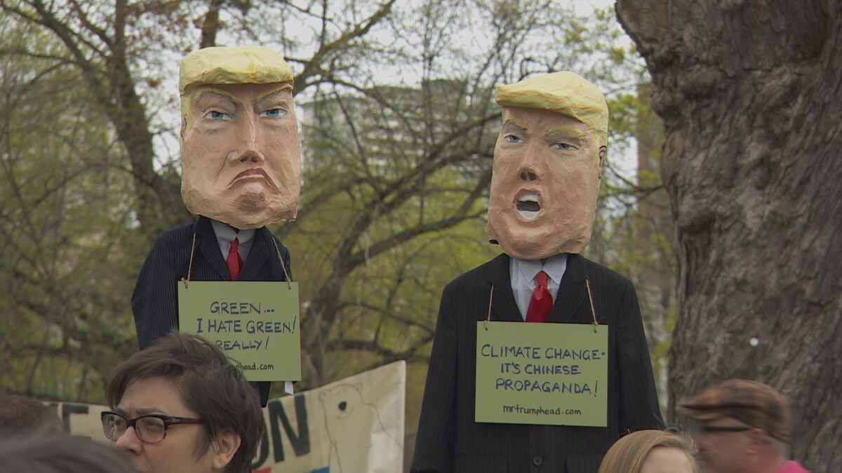 Deux marionnettes de Donald Trump avec des écriteaux dans le cou