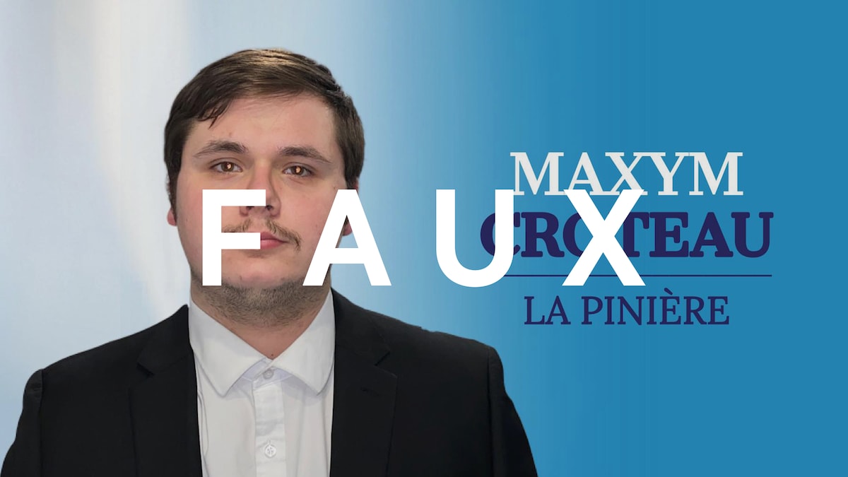 Une fausse pancarte politique avec une photo de Maxym Croteau et le texte "Maxym Croteau - La Pinière". 