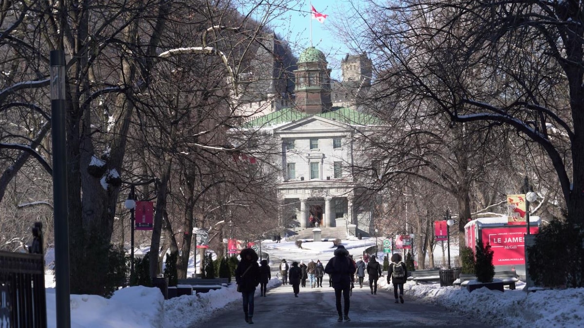 Des étudiants vont et viennent devant l'Université McGill en hiver.