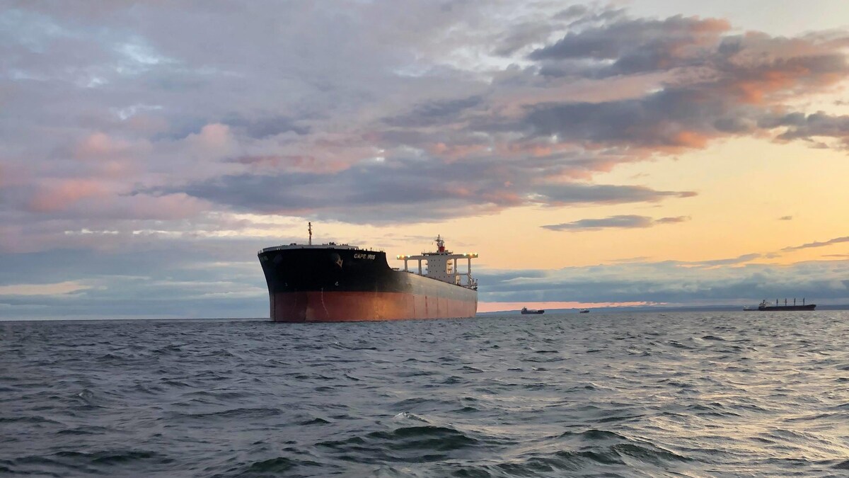 Un minéralier sur l'eau au coucher du soleil.