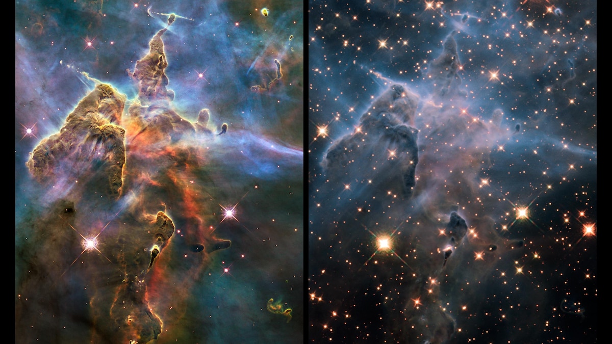 La nébuleuse de la Carène telle qu'observée en lumière visible (à gauche) et en infrarouge (à droite), toutes deux prises par Hubble.