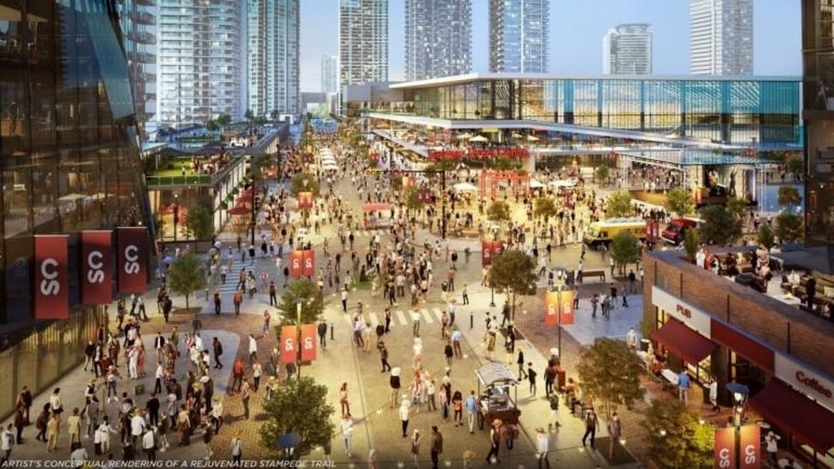 Une image digitale qui montre un nouveau complexe moderne, avec des rues remplies de monde.