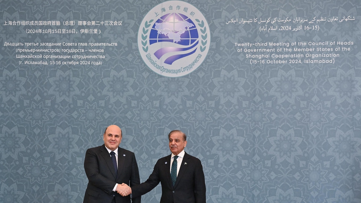 Mikhaïl Michoustine et Shehbaz Sharif posent en se serrant la main.