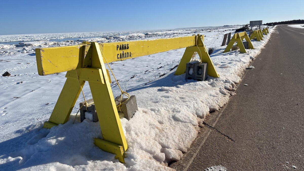 Une barrière jaune appartenant à Parcs Canada est posée, sur le neige, sur le bord de la route.