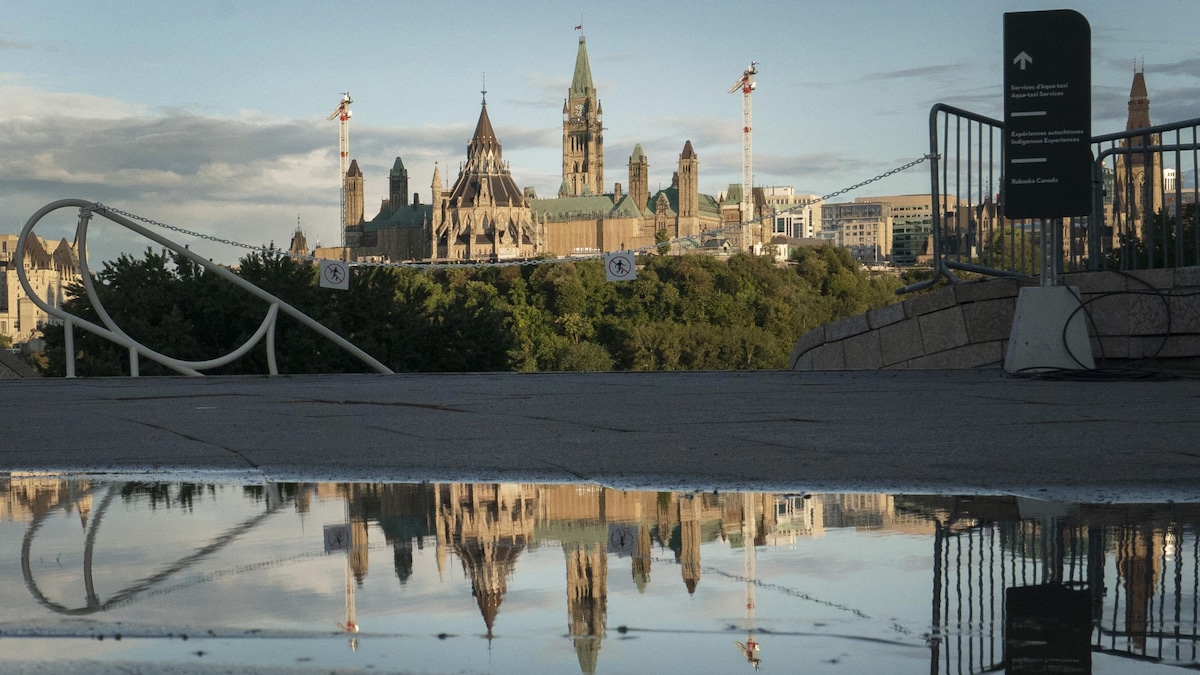 Vue de loin de la colline du Parlement à Ottawa.