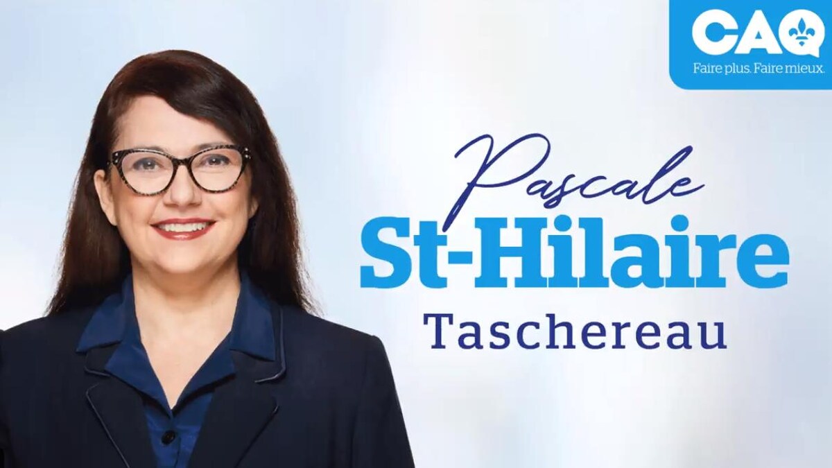 Portrait de Pascale St-Hilaire avec le logo de la CAQ dans le coin supérieur droit.