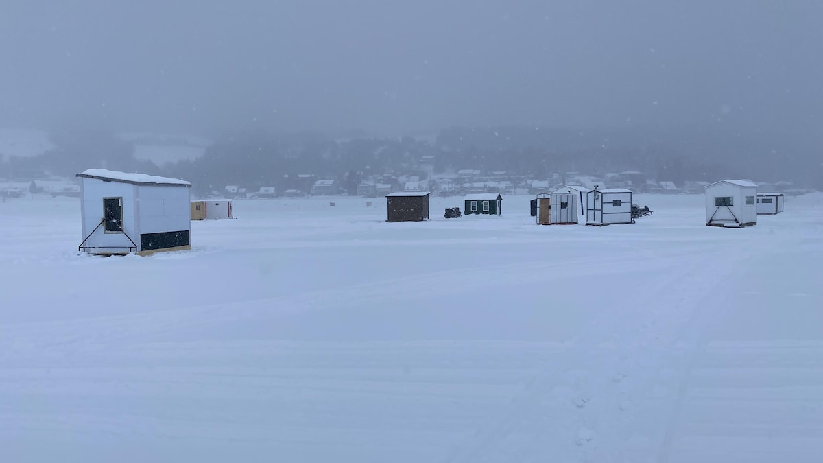 Des cabanes sont sur une baie gelée.
