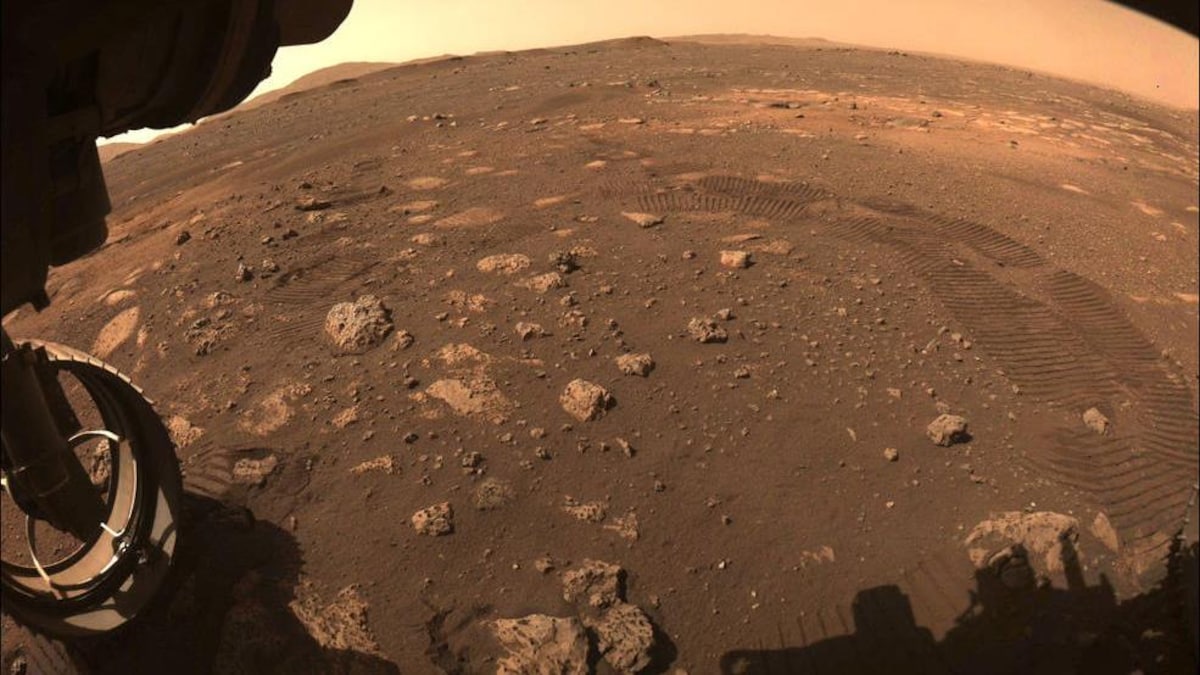 Sur le sol ocre de la planète Mars, on voit des cailloux et des traces de roues.