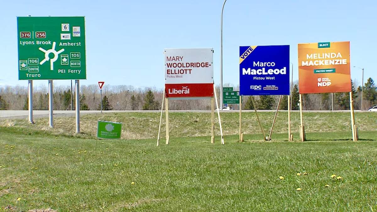 Les pancartes des candidats à l'élection partielle dans Pictou-Ouest, en Nouvelle-Écosse.