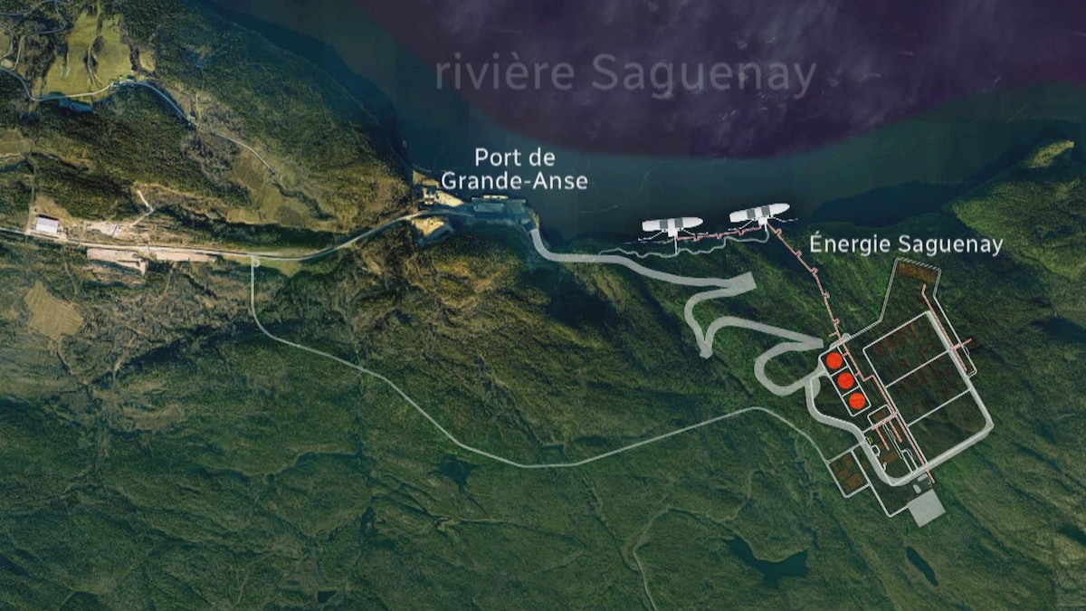 Un plan aérien permet de voir où prendrait place le projet de GNL Québec.  